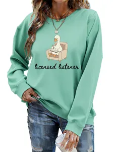 Casual fashion funny women's licensed listener duck print mint green sweatshirt detail view.
