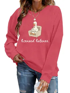 Casual funny duck graphic print crewneck sweatshirt for women, comfortable long sleeve top.