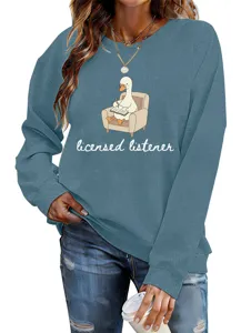 Women casual funny duck graphic sweatshirt long sleeve crewneck top blue apparel detail view