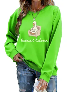 Green women's funny duck graphic crewneck sweatshirt casual long sleeve pullover top.