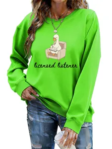 Cute duck print green sweatshirt women fashion casual long sleeve pullover top detail view