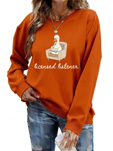 Women cute funny duck print long sleeve crewneck casual pullover sweatshirt orange top