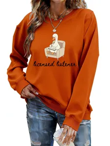 Casual fashion funny women's duck graphic print long sleeve crewneck orange sweatshirt
