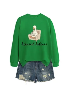 Casual fashion women green sweatshirt paired with cool distressed denim shorts for daily wear.