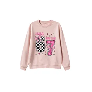 Pink kids sweatshirt featuring number 6 and 7 graphic print, casual autumn pullover top.