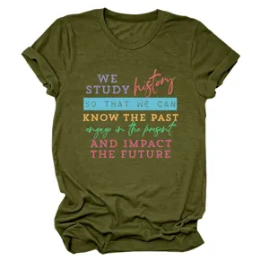 Women's olive green short sleeve graphic t-shirt featuring inspirational quote print casual top.