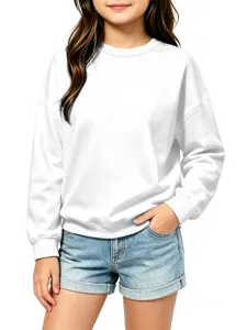 Kids solid color long sleeve crewneck sweatshirt detail view, comfortable casual children wear.