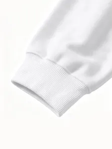 Close-up detail of the white long sleeve sweatshirt ribbed cuff, soft and comfortable knit.
