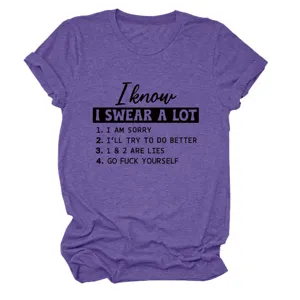 Donna casual girocollo manica corta t-shirt con citazione divertente viola nuovo.