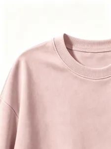 Kids solid color long sleeve sweatshirt close-up detail showcasing the soft pink round rib collar.