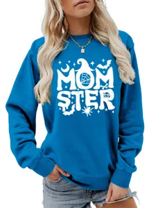 Lässiger, stylischer Damen blauer Halloween Momster Print Langarm Sweatshirt Top