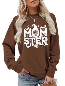 Damen Bequemer Brauner Langarm Sweatshirt MOMSTER Halloween Hexenhut Pullover Top