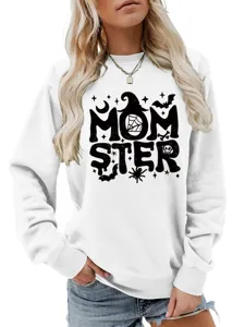 Lässiger weißer Damen Langarm Rundhals Pullover mit Halloween MOMSTER Grafikdruck Design.