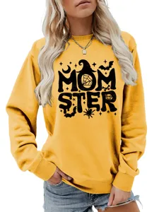 Damen Halloween Momster Print Sweatshirt Lässiger Langarm Rundhals Pullover Gelb Top