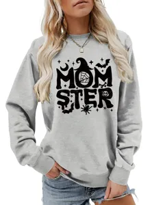 Graues Langarm Sweatshirt Detail, Freizeit Rundhals Oberteil mit Halloween MOMSTER Print.