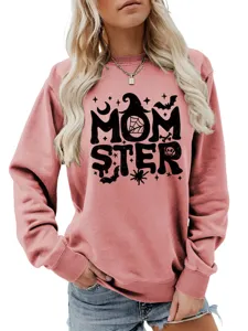 Stylischer pinker Damen Langarm Pullover mit niedlichem Halloween Monster Motiv Detail.