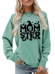 Lässiger Herbst Winter grüner Pullover mit lustigem Halloween Momster Grafik Druck Langarm Top.