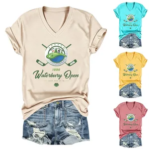 T-shirt femme décontracté col V manches courtes avec imprimé golf, haut d'été confortable.