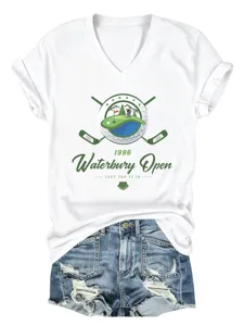 T-shirt décontracté pour femme à col en V et manches courtes avec imprimé graphique de golf.