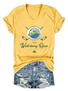 T-shirt graphique femme col V manches courtes casual avec impression de golf vintage.