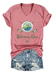 T-shirt décontracté pour femme à col V manches courtes avec imprimé golf 1996 style.