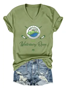 T-shirt femme décontracté à col V et manches courtes avec motif golf impression 1996.