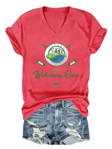 T-shirt femme décontracté à col en v manches courtes graphique golf waterbury open 1996
