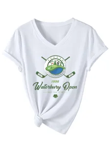 Femme blanc col V manches courtes t-shirt graphique de golf haut noué d'été décontracté