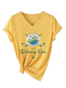 Femme vintage golf graphique col v manches courtes t-shirt jaune decontracté noué