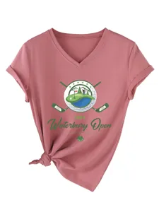 Femme Casual Col V Manches Courtes T-Shirt Golf Graphique Noeud Ourlet Rose