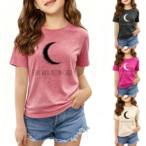 Kids short sleeve t-shirt with moon graphic and inspirational letter print, casual daily wear.