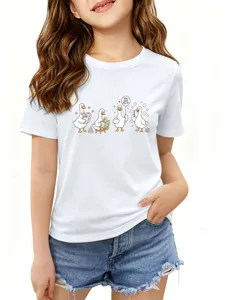 T-shirt blanc à manches courtes pour enfants avec motif de canard, haut col rond tendance.