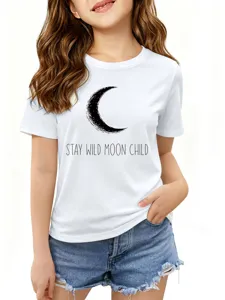 White short sleeve t-shirt for girls featuring a cute crescent moon and inspirational text.