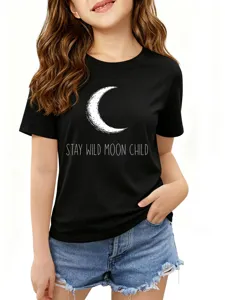 Kids black short sleeve t-shirt with moon graphic and stay wild moon child print.