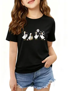 Joli T-shirt Noir à Manches Courtes et Col Rond Imprimé Canard Dessin Animé Chic