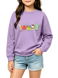 Detailansicht des lässigen Langarm-Kinder-Sweatshirts mit süßem Cartoon-Schulbedarf-Print.