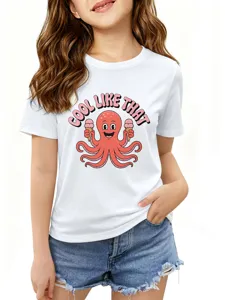Kids white short sleeve t-shirt featuring cute cartoon octopus graphic print summer top