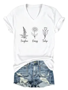 Casual dames V-hals korte mouw T-shirt met schattige botanische print en zachte stof.