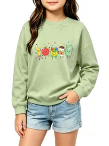 Kinder süßer Cartoon Schreibwaren Druck Rundhals Pullover Freizeit Langarm grün Sweatshirt