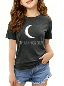 Casual dark grey short sleeve graphic t-shirt featuring a crescent moon and quote print.