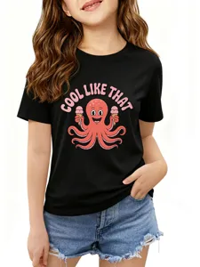 Cute cartoon octopus print black short sleeve crew neck t-shirt for kids casual summer wear