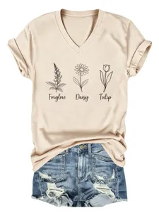 Casual dames V-hals korte mouw t-shirt met een mooie botanische bloem line art print.
