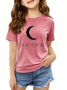 Kids short sleeve graphic t-shirt casual pink top with moon text print for summer daily wear.