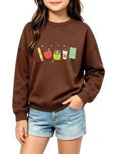 Kinder braunes Langarm-Sweatshirt mit niedlichem Cartoon-Schulbedarf-Druck für den Herbst.