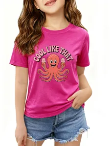 Girls cute octopus print short sleeve T-shirt summer casual pink cotton top apparel