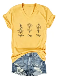Dames casual V-hals korte mouw gele T-shirt met schattige botanische bloemenprint.