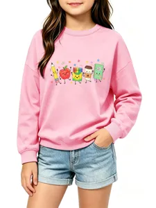 Rosa langarm sweatshirt mit süßem schreibwaren motiv für kinder mädchen, bequeme freizeitkleidung.