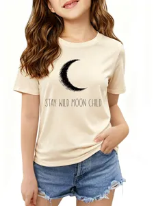 Beige short sleeve t-shirt featuring a moon graphic and stylish quote print for daily wear.