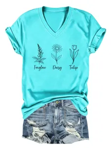 Casual dames t-shirt met korte mouwen, v-hals en botanische bloemenprint voor dagelijks.
