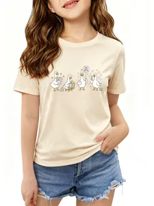 Joli t-shirt à manches courtes imprimé de canard de dessin animé haut décontracté col rond.